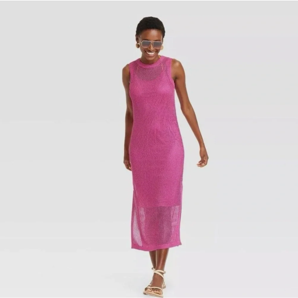 A New Day Women's mesh, sheer knit midi dress. Pink size medium - Picture 2 of 6